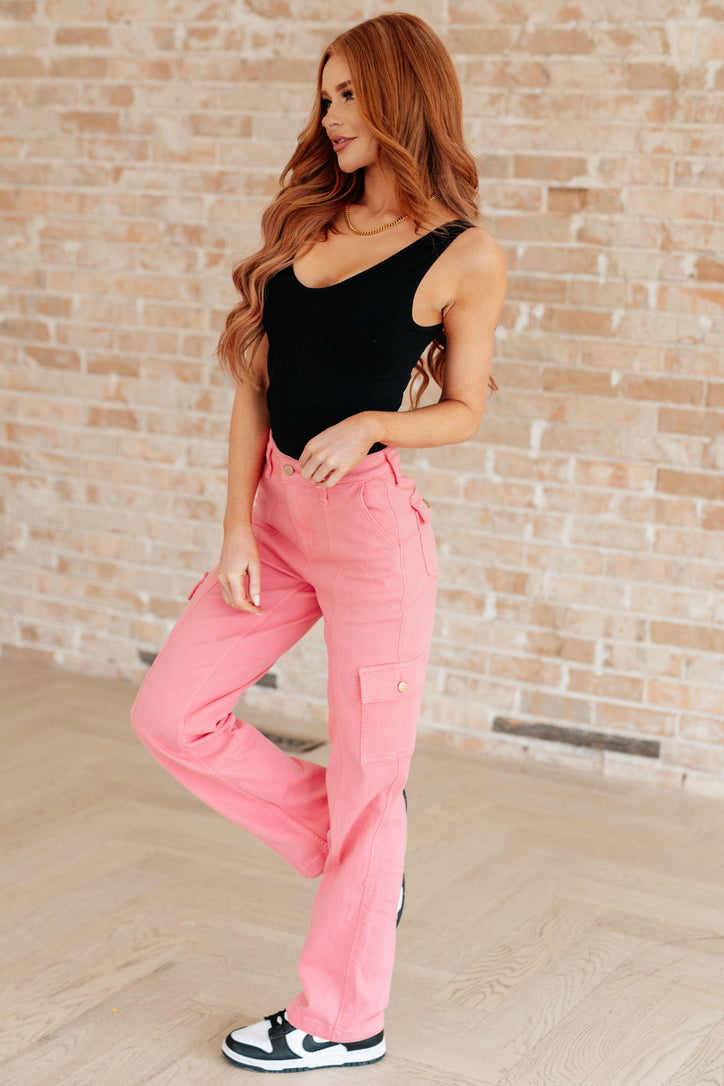 Peggy High Rise Cargo Straight Jeans in Pink - Black Powder Boutique