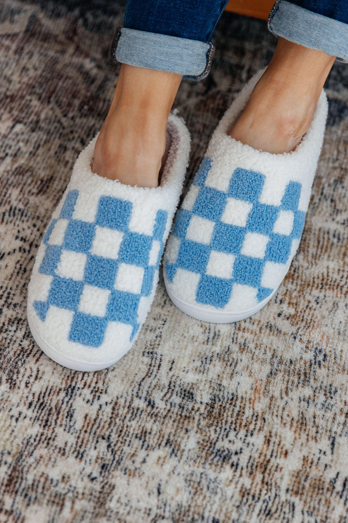 Checked Out Slippers in Blue - Black Powder Boutique