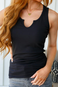 Daily Essential Notched Ribbed Tank in Black - Black Powder Boutique