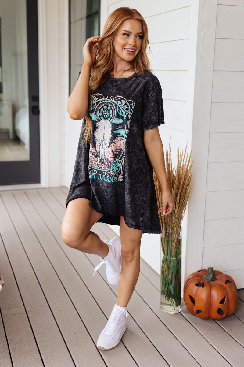 Desert Dreamer Acid Wash Graphic T Dress - Black Powder Boutique