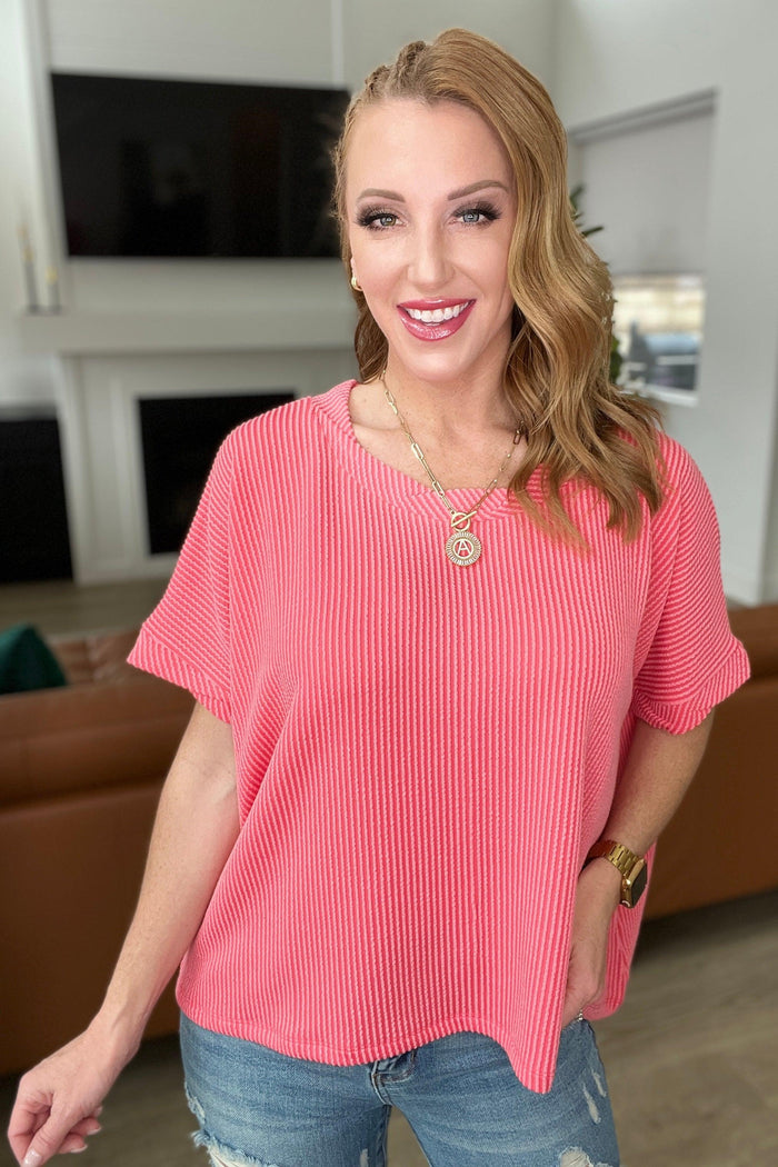 Textured Line Twisted Short Sleeve Top in Coral - Black Powder Boutique