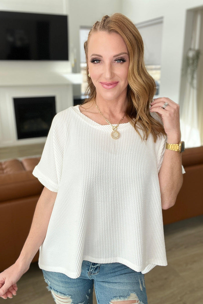 Textured Line Twisted Short Sleeve Top in Off White - Black Powder Boutique
