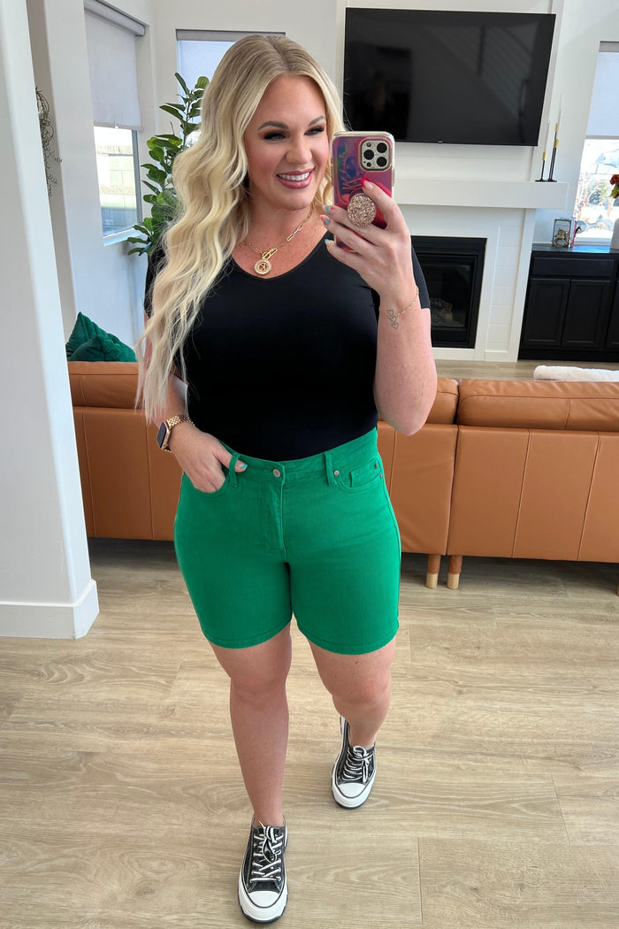 Jenna High Rise Control Top Cuffed Shorts in Green - Black Powder Boutique