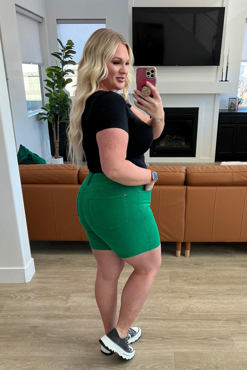 Jenna High Rise Control Top Cuffed Shorts in Green - Black Powder Boutique