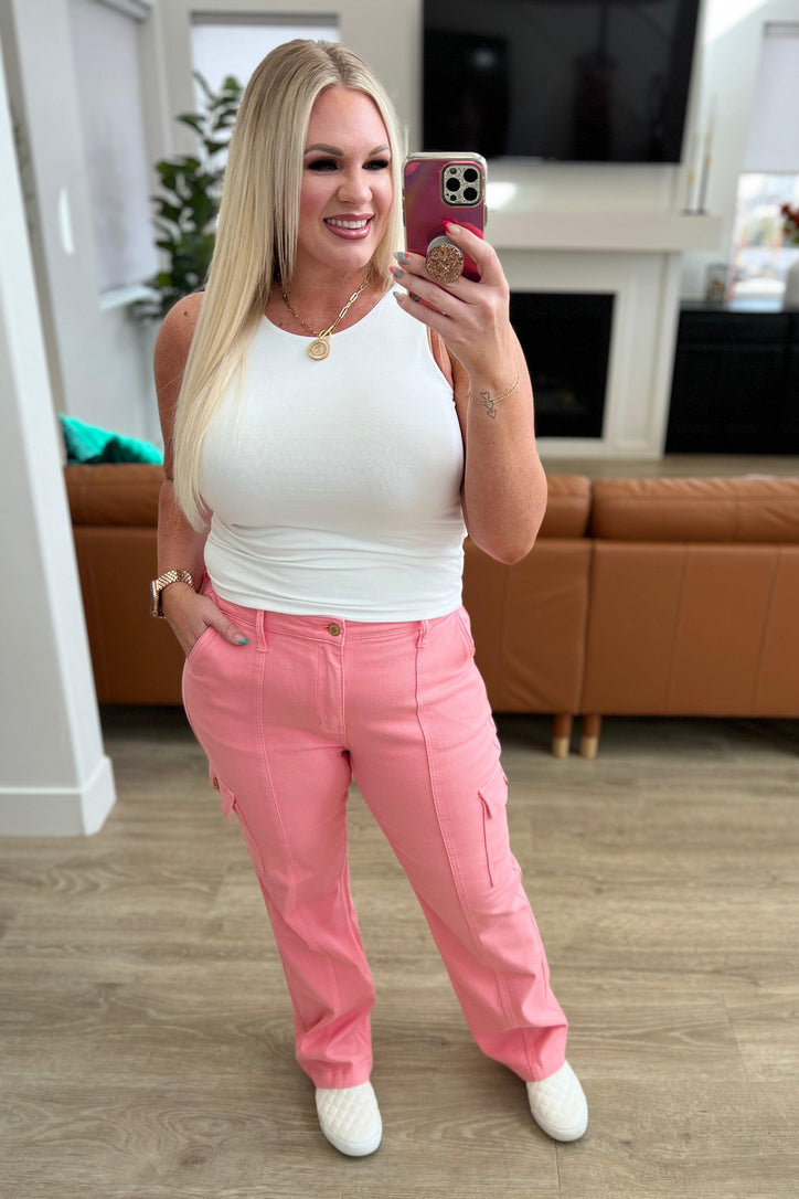 Peggy High Rise Cargo Straight Jeans in Pink - Black Powder Boutique