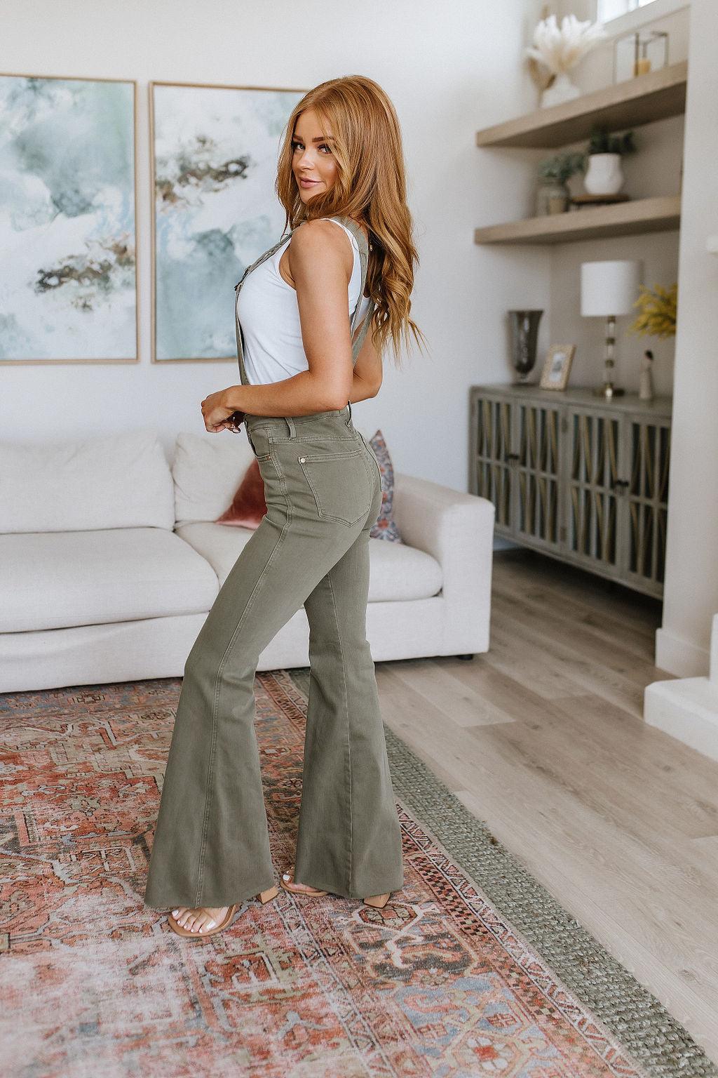 Olivia Control Top Release Hem Overalls in Olive - Black Powder Boutique