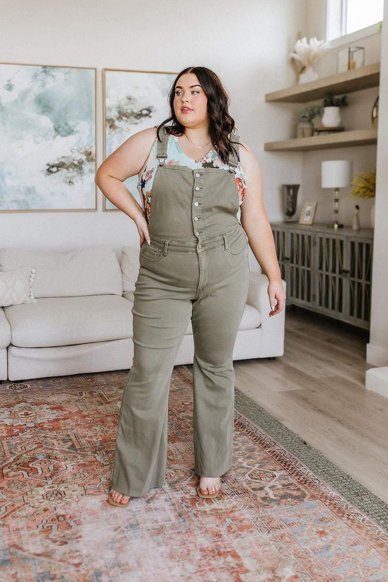 Olivia Control Top Release Hem Overalls in Olive - Black Powder Boutique