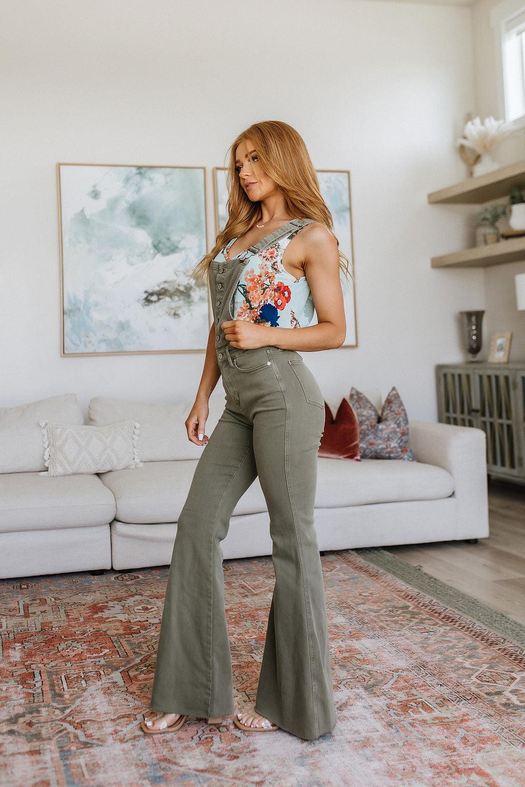 Olivia Control Top Release Hem Overalls in Olive - Black Powder Boutique