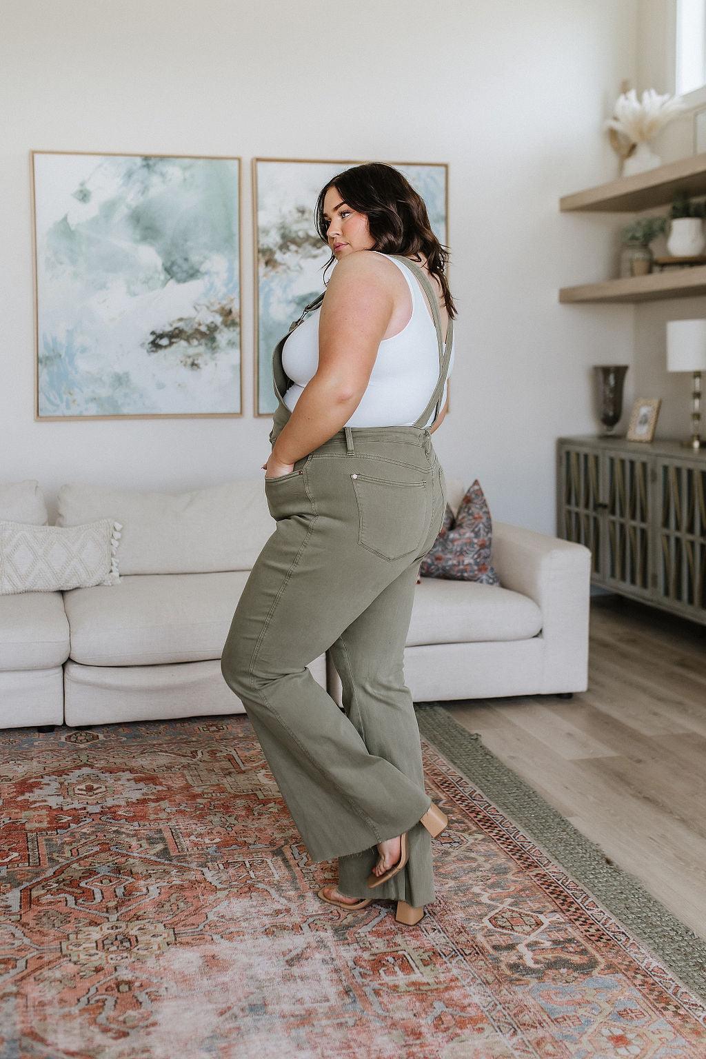 Olivia Control Top Release Hem Overalls in Olive - Black Powder Boutique