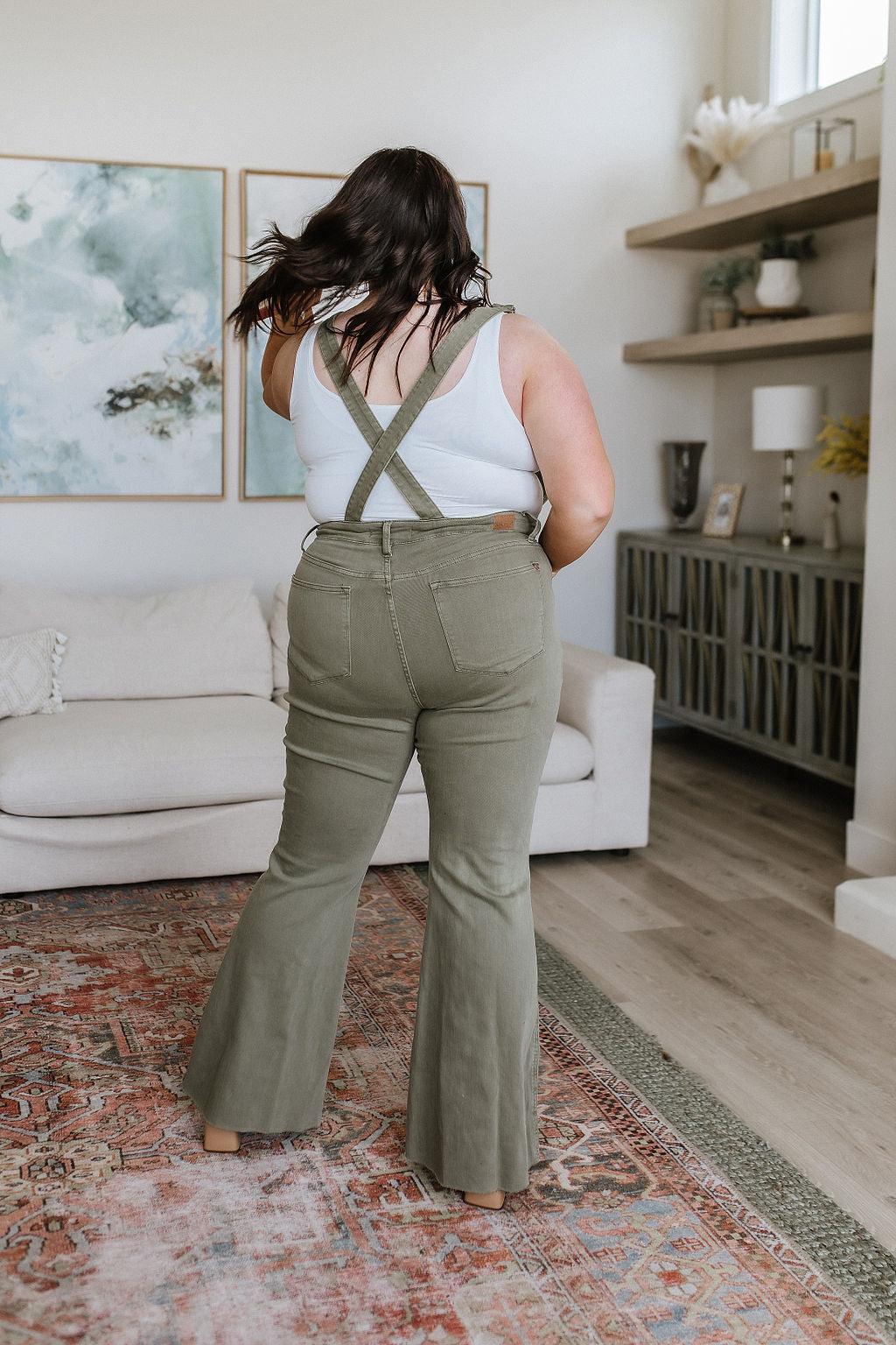 Olivia Control Top Release Hem Overalls in Olive - Black Powder Boutique