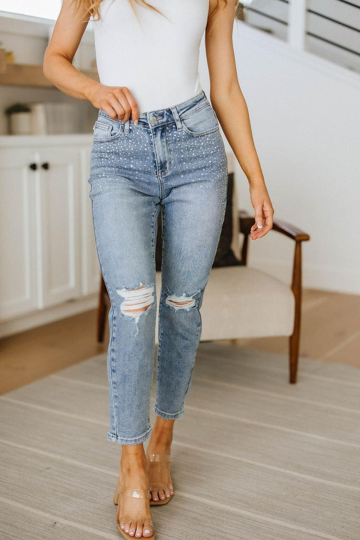 Reese Rhinestone Slim Fit Jeans - Black Powder Boutique