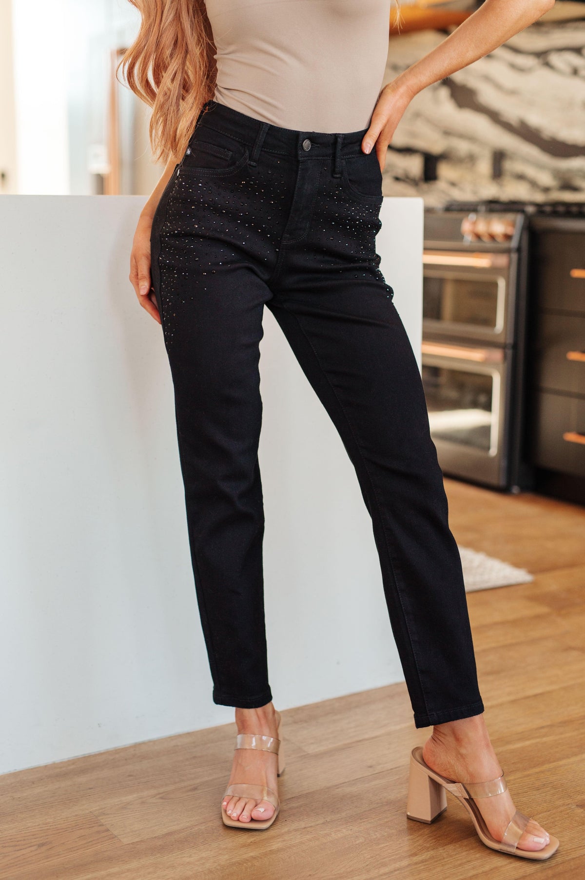 Reese Rhinestone Slim Fit Jeans in Black - Black Powder Boutique