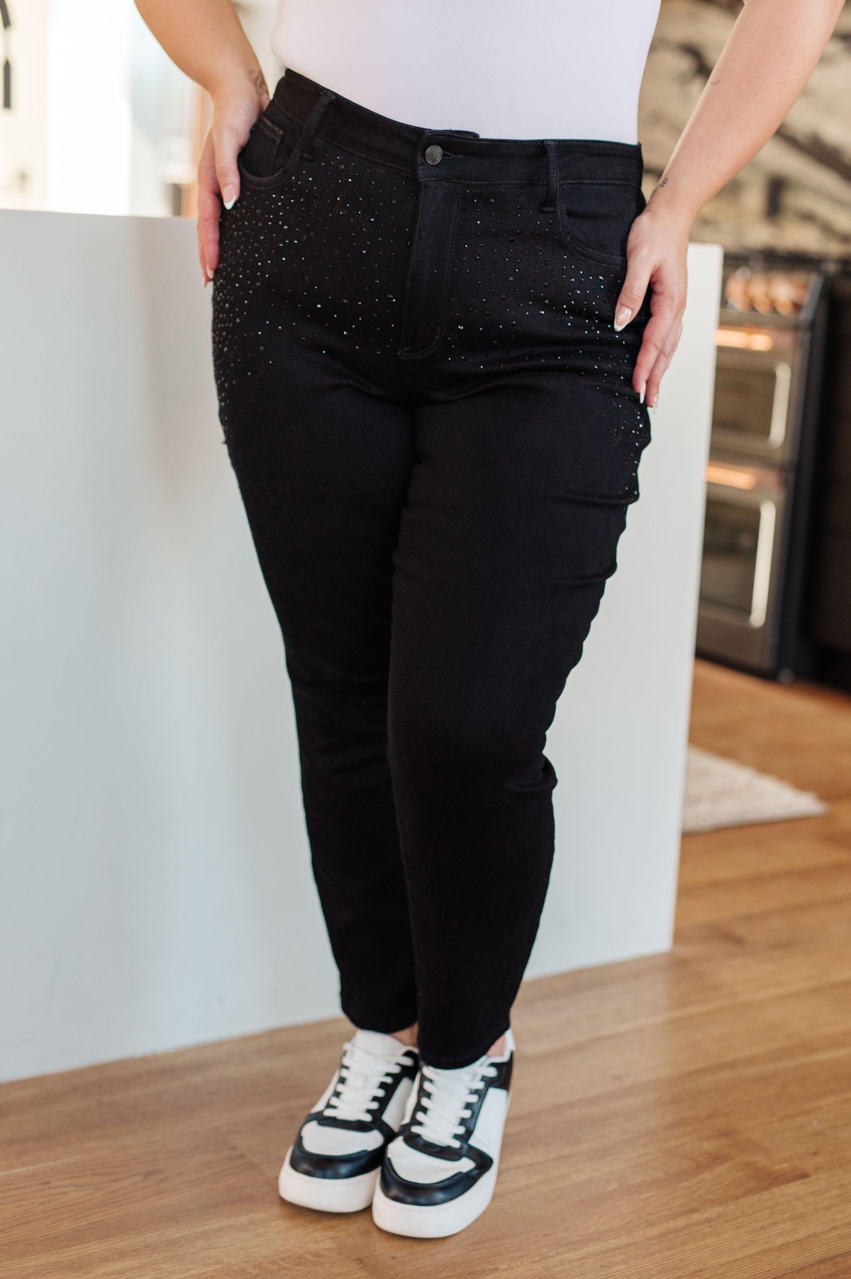 Reese Rhinestone Slim Fit Jeans in Black - Black Powder Boutique