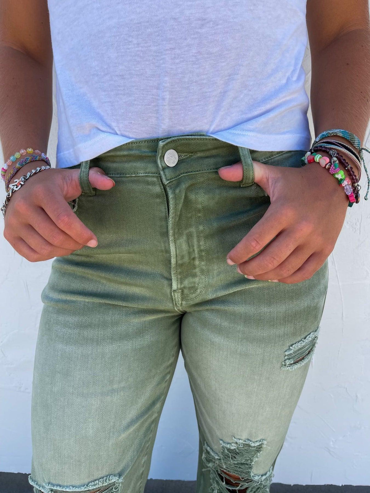 PREORDER: Blakeley Distressed Jeans In Olive and Camel - Black Powder Boutique