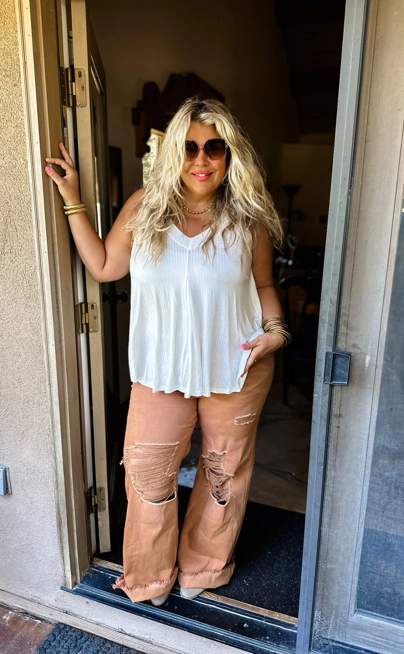 Blakeley Distressed Jeans In Olive and Camel - Black Powder Boutique