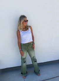 Blakeley Distressed Jeans In Olive and Camel - Black Powder Boutique